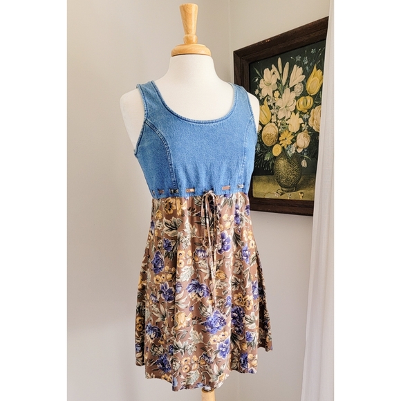 90s Denim Floral Tie Waist Scoop Neck 1990s Vintage Mini Dress - Picture 8 of 15